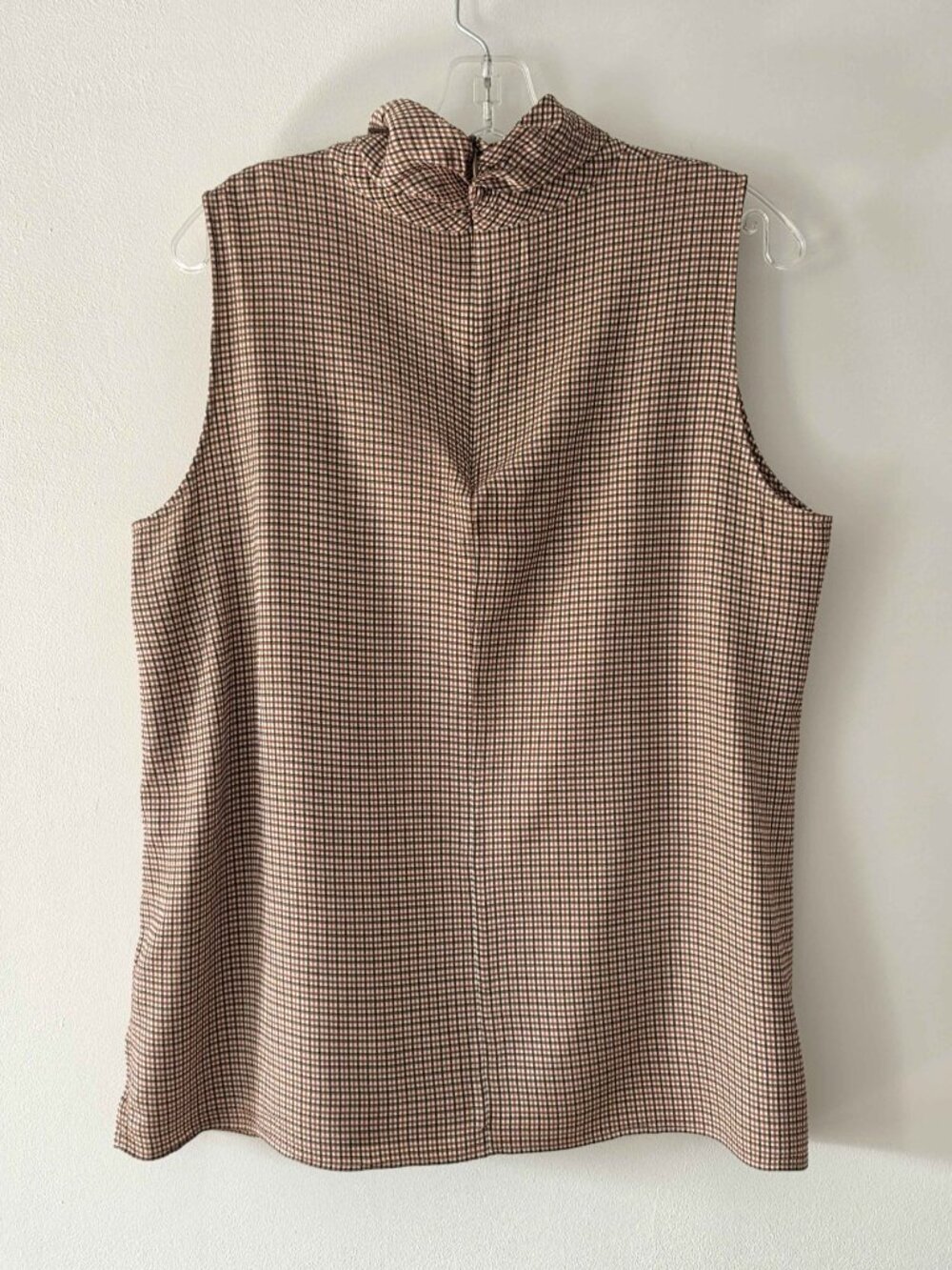 Lafayette 148 Plaid Checkered Brown Tan Mock Cowl Neck Sleeveless Blouse XL - Picture 2 of 12